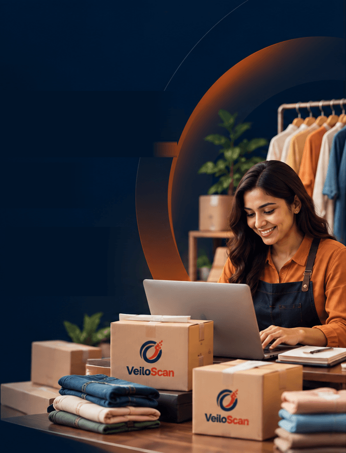 Seller packing VeiloScan orders at her laptop